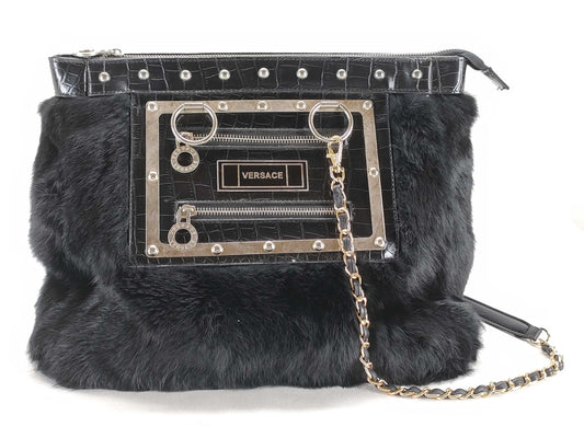 VERSACE Fur and Leather Shoulder Bag, Black