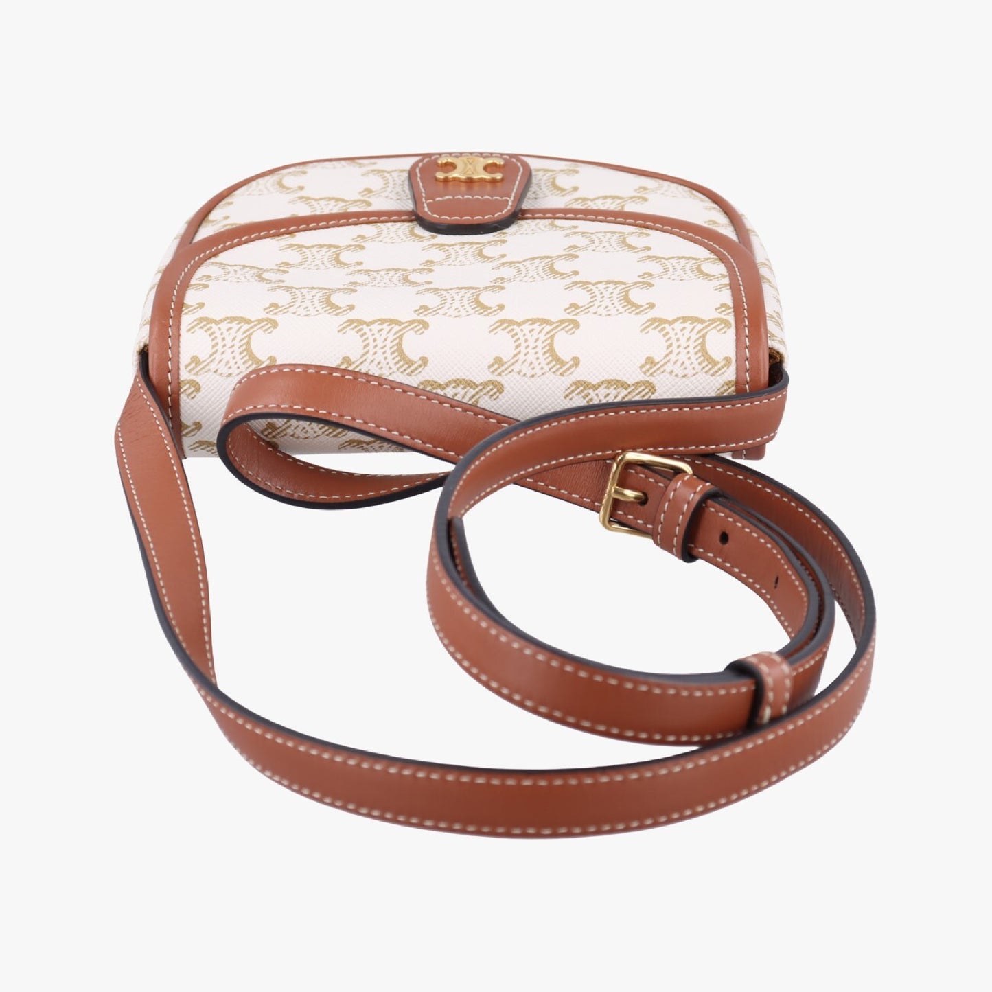 CELINE Mini Besas Triomphe Shoulder Bag in White and Brown PVC Coated Canvas
