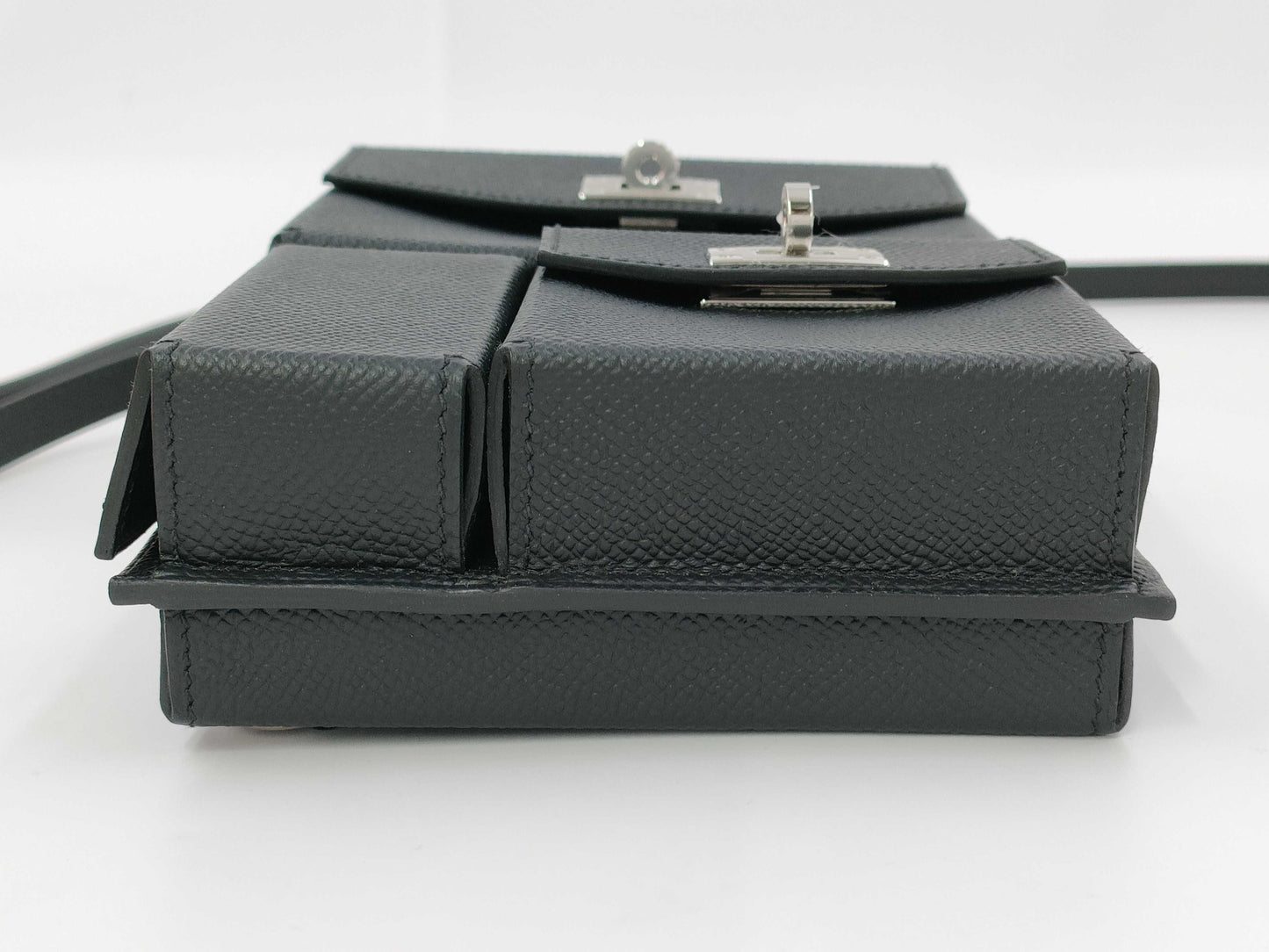 HERMES Kelly Multi-Pocket To-Go Shoulder Bag in Epsom Noir with Silver Hardware and Silver-Tone W Stamp