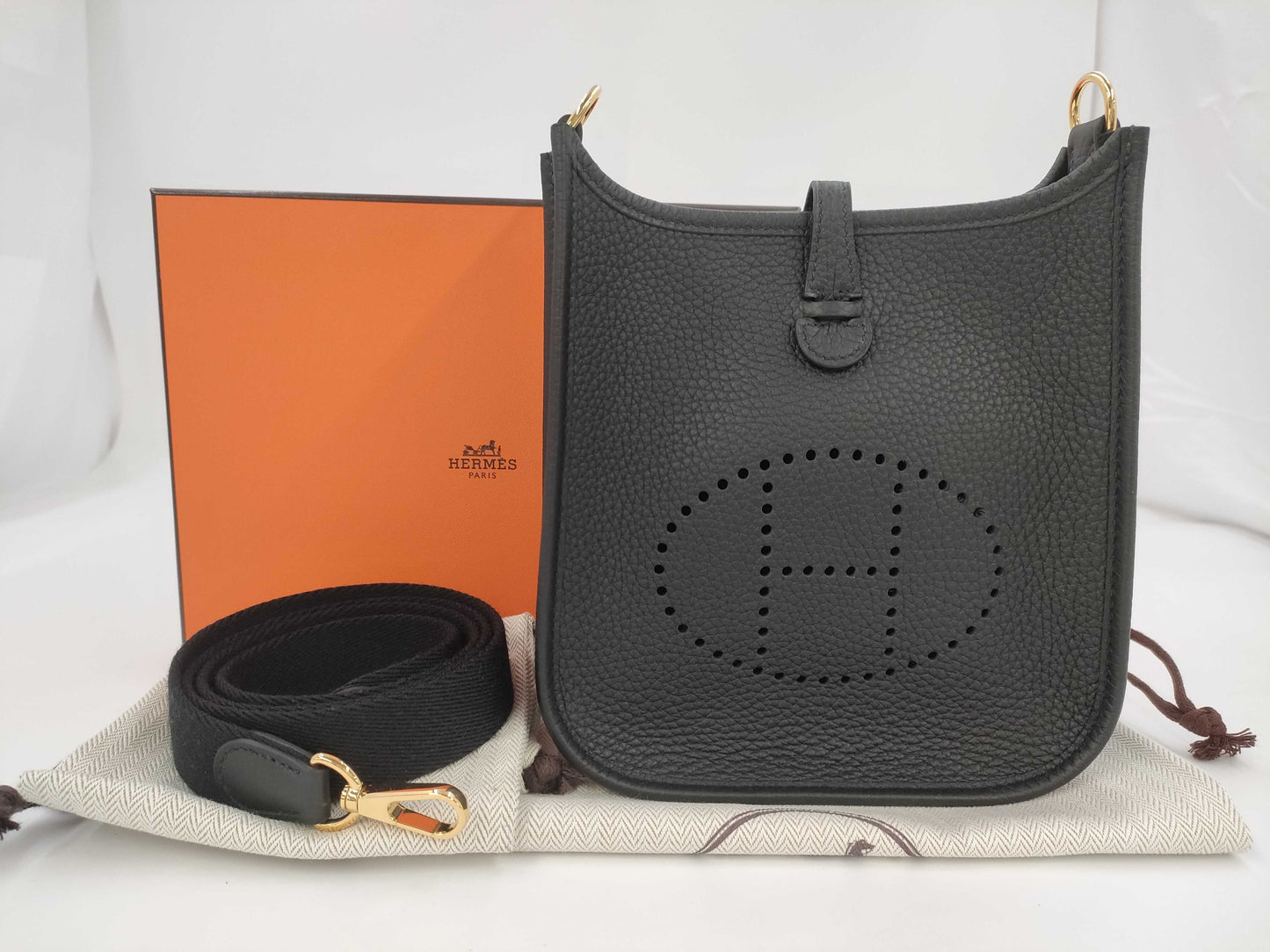 HERMES Mini Evelyne Amazone 16 TPM Noir Shoulder Bag with Gold Hardware and GP K Stamp