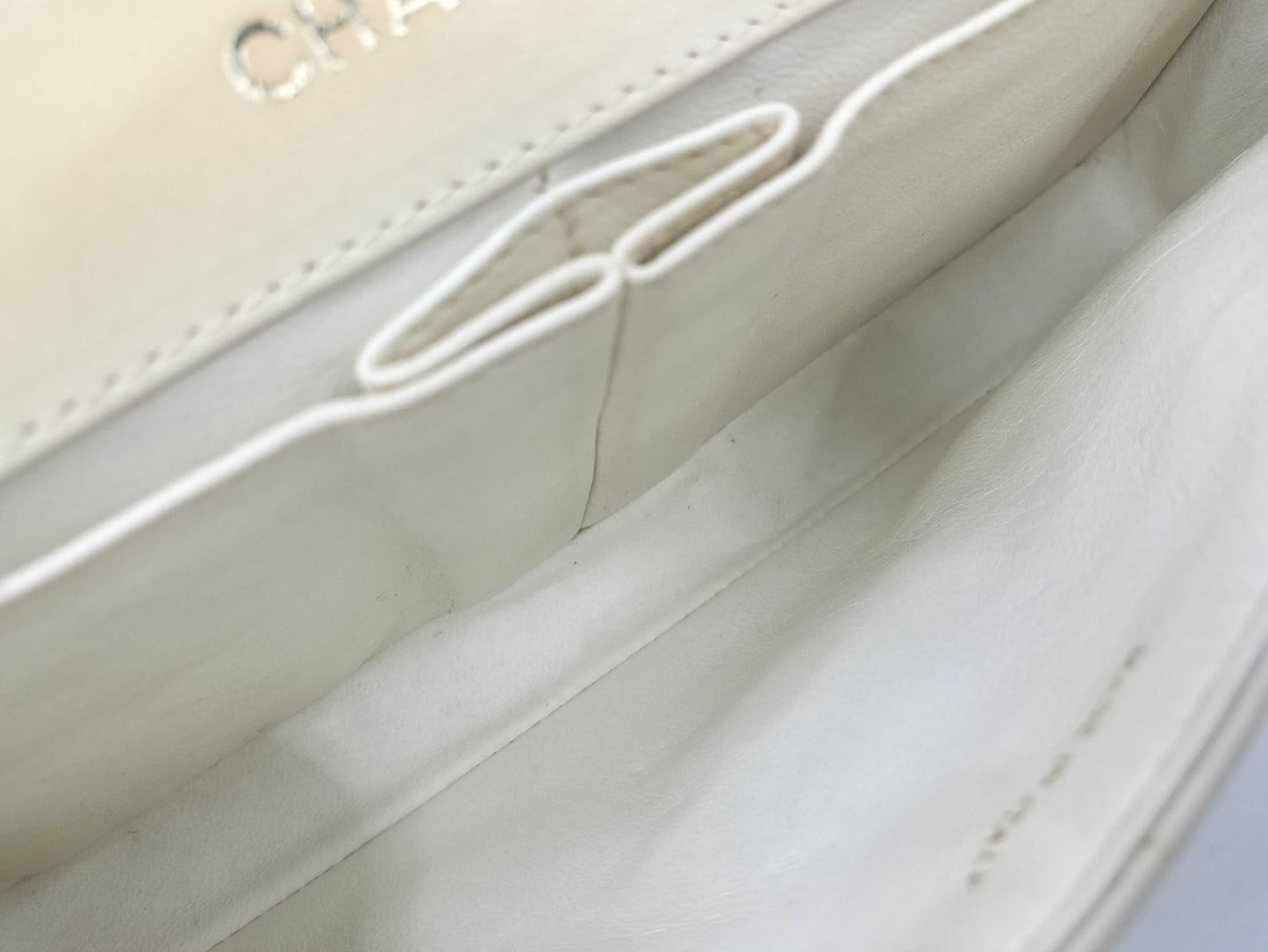 CHANEL Chocobar East West Lambskin Chain Shoulder Bag, White, No. 7