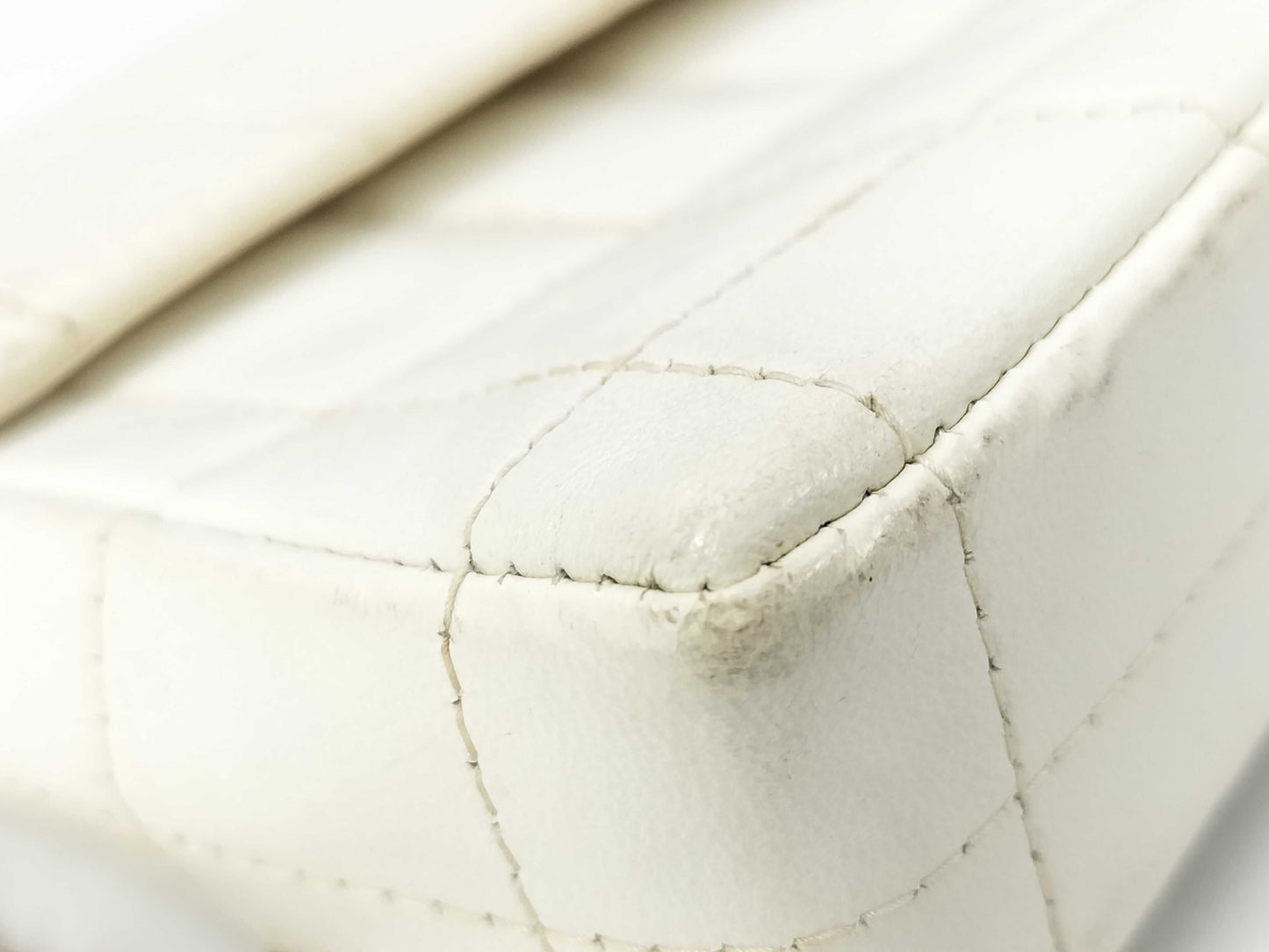 CHANEL Chocobar East West Lambskin Chain Shoulder Bag, White, No. 7