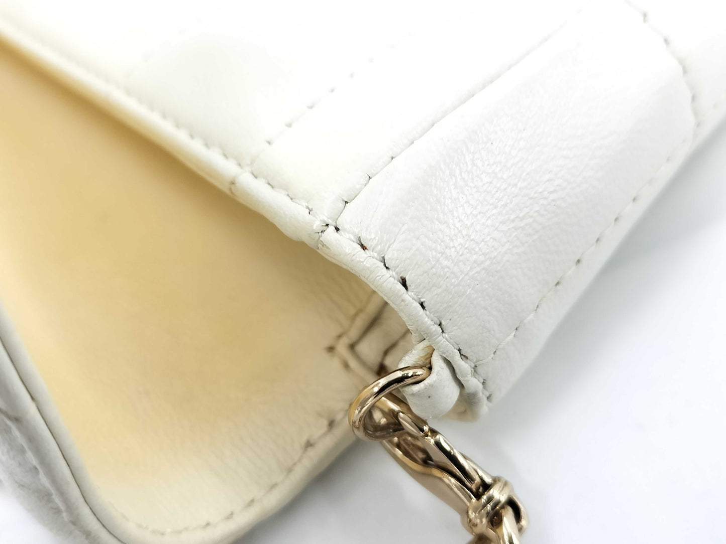 CHANEL Chocobar East West Lambskin Chain Shoulder Bag, White, No. 7