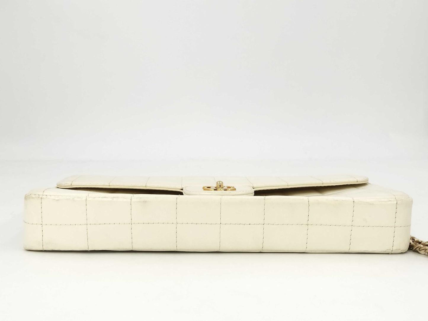 CHANEL Chocobar East West Lambskin Chain Shoulder Bag, White, No. 7