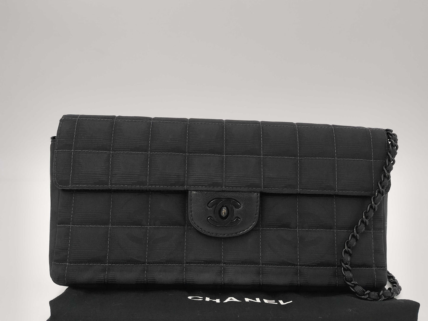 CHANEL New Travel Line East West Chain Shoulder Bag in So Black Nylon with Dust Bag and Seal