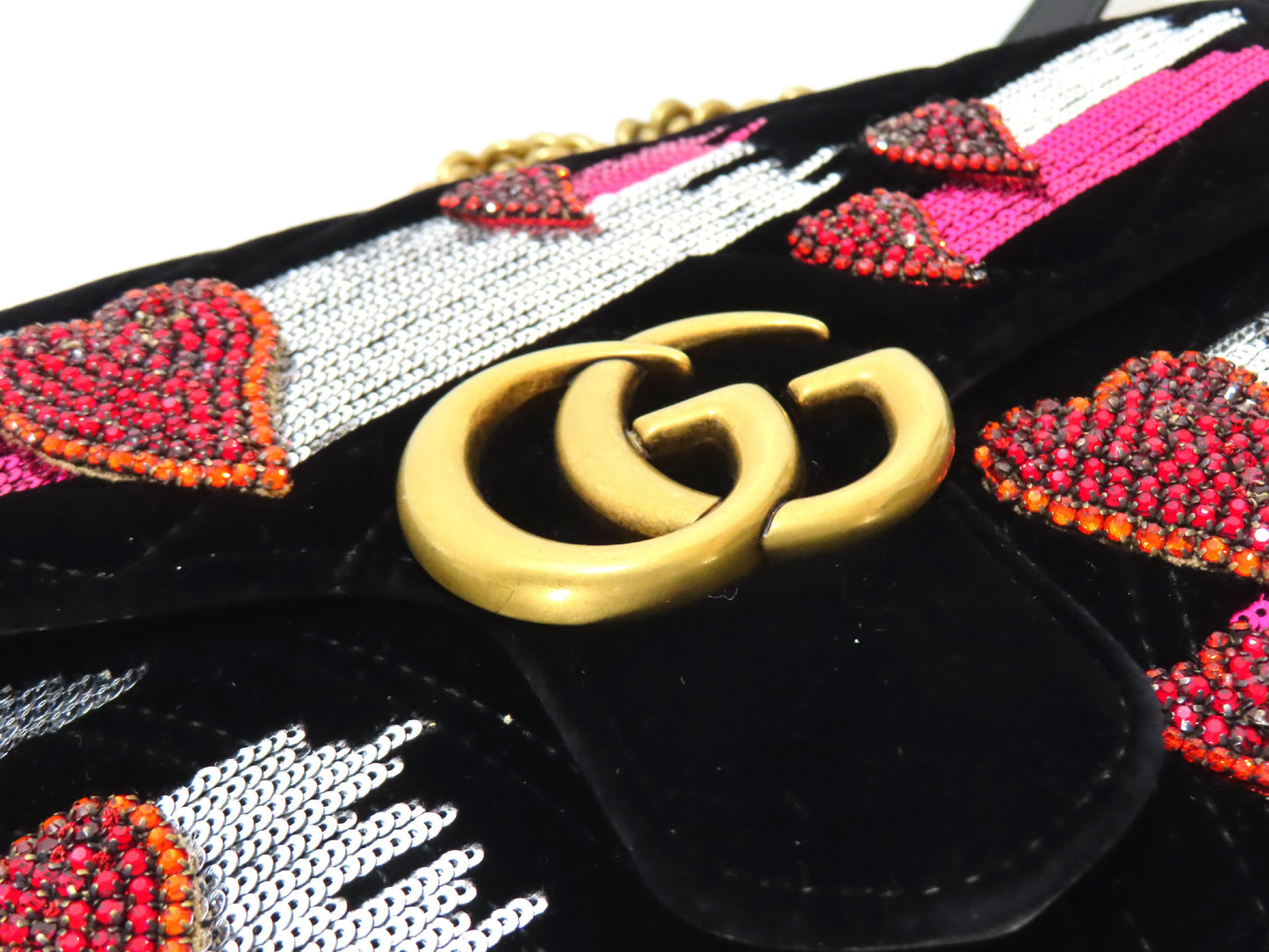 GUCCI Marmont Sequins Heart Velvet Chain Shoulder Bag