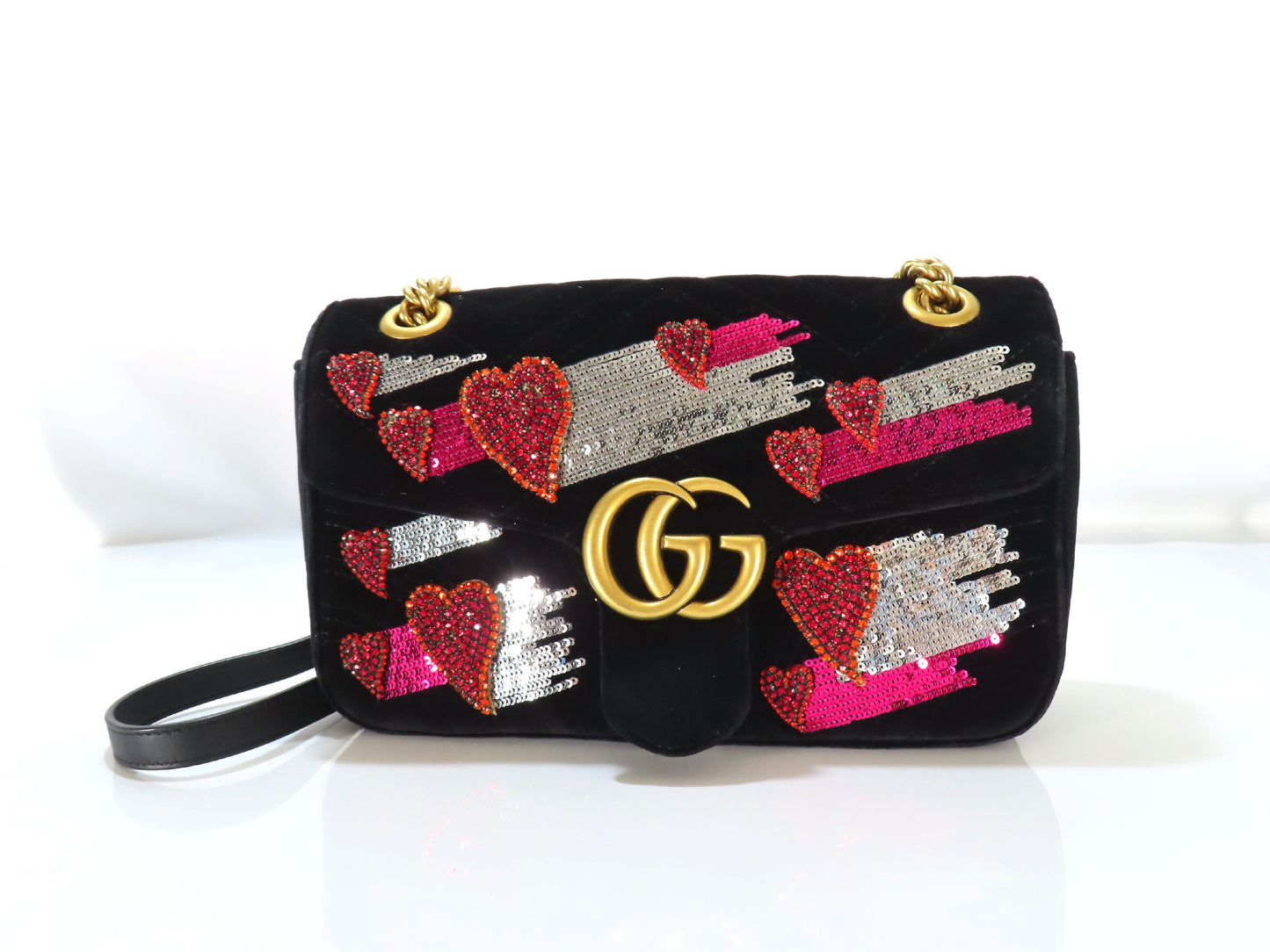 GUCCI Marmont Sequins Heart Velvet Chain Shoulder Bag