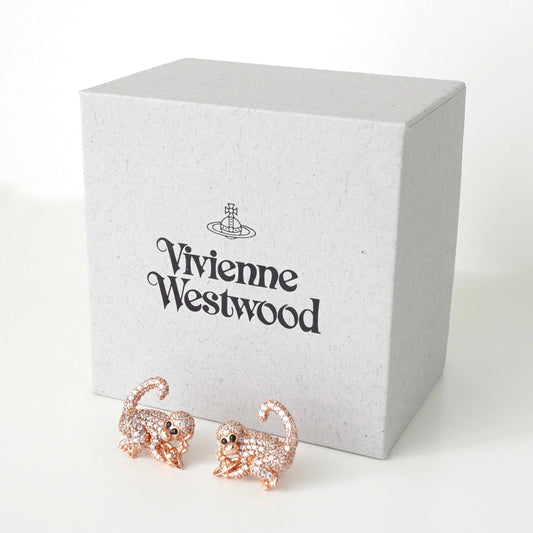 Vivienne Westwood Orb Monkey Rhinestone Pink Gold Earrings with Box
