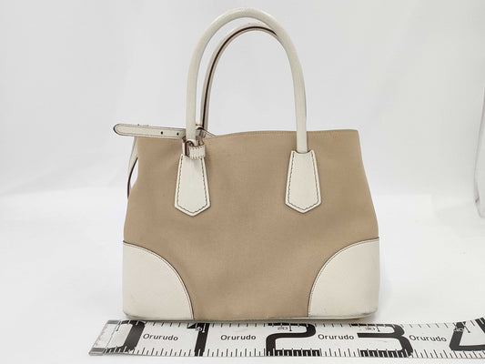 PRADA BN2887 Canapa x Saffiano 2-Way Tote Bag with Triangular Plate, Beige and Ivory, Includes Guarantee, Strap, and Dust Bag