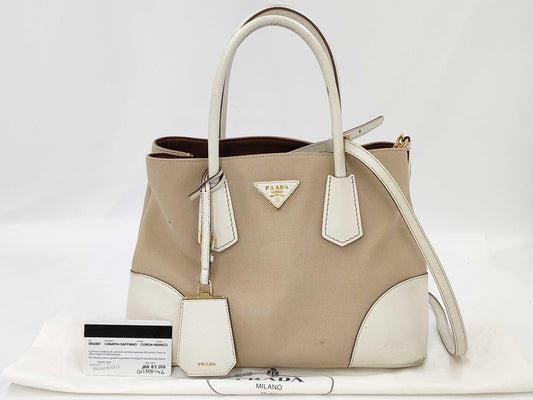PRADA BN2887 Canapa x Saffiano 2-Way Tote Bag with Triangular Plate, Beige and Ivory, Includes Guarantee, Strap, and Dust Bag