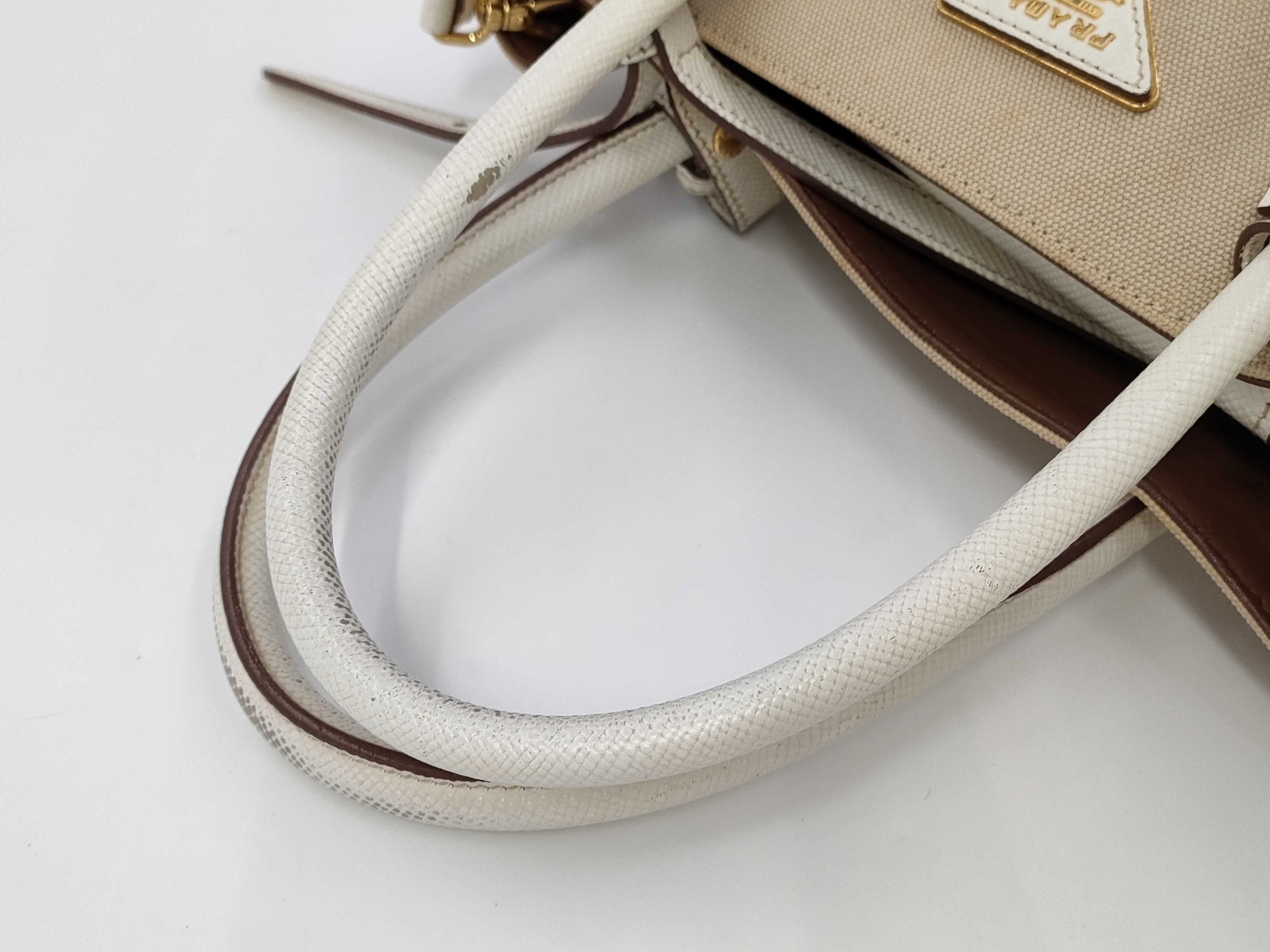PRADA BN2887 Canapa x Saffiano 2-Way Tote Bag with Triangular Plate, Beige and Ivory, Includes Guarantee, Strap, and Dust Bag