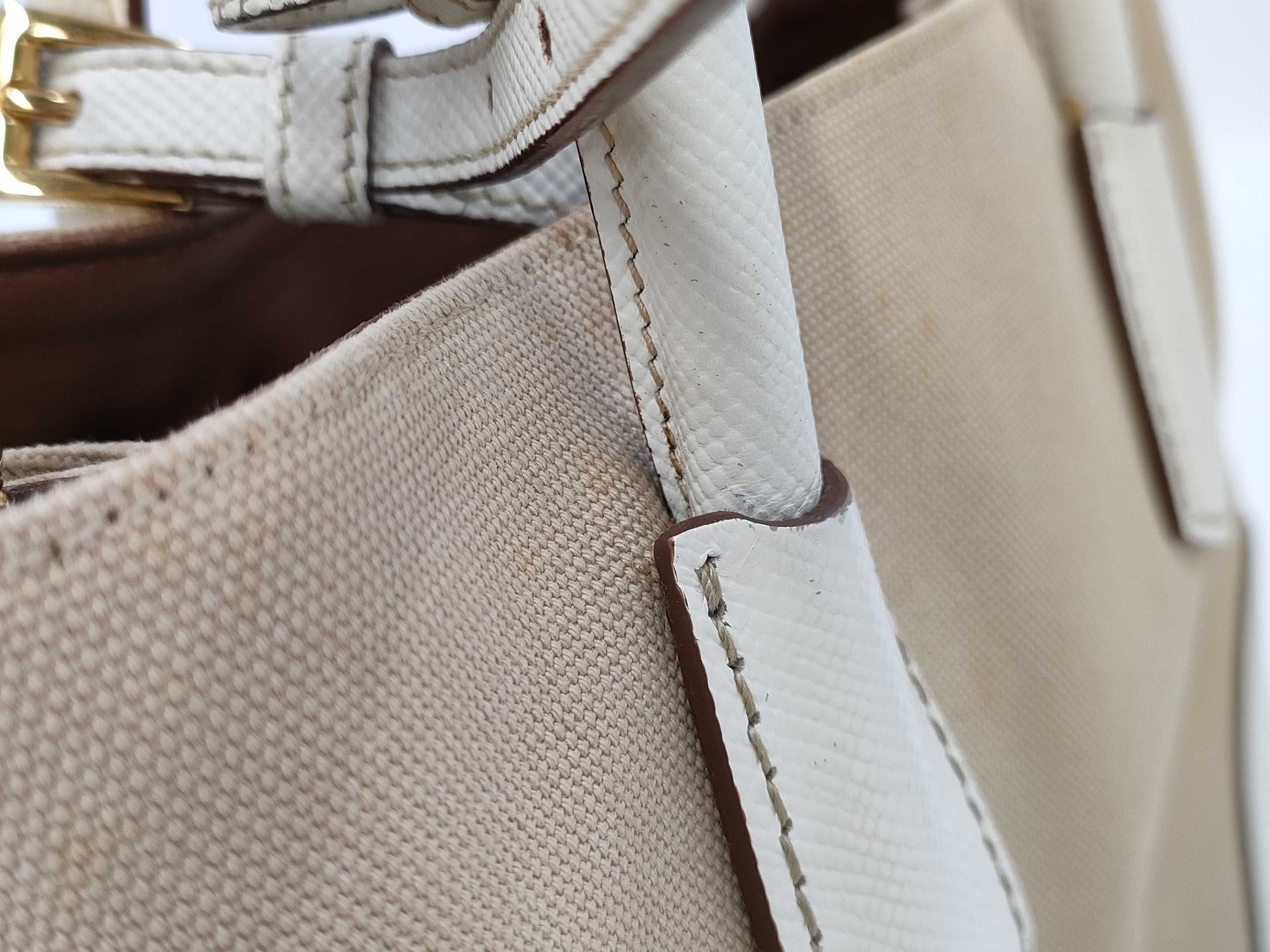 PRADA BN2887 Canapa x Saffiano 2-Way Tote Bag with Triangular Plate, Beige and Ivory, Includes Guarantee, Strap, and Dust Bag