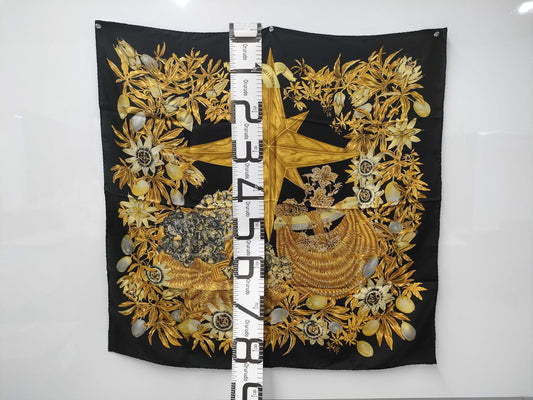 HERMES Silk Carré 90 PASSIFLORES Black Gold Scarf