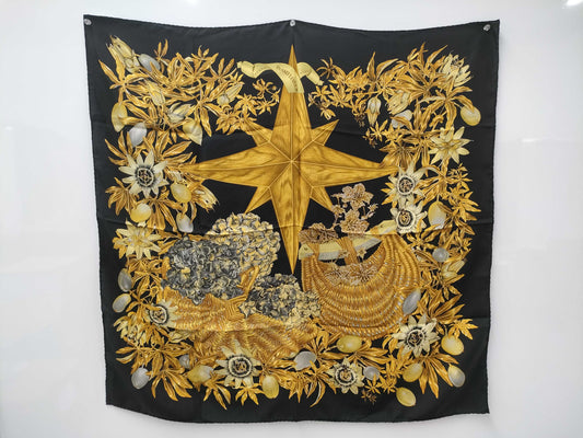 HERMES Silk Carré 90 PASSIFLORES Black Gold Scarf