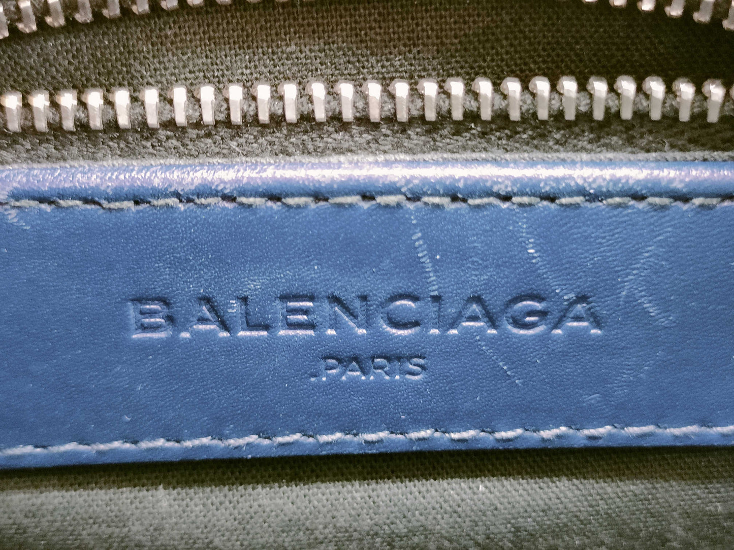 BALENCIAGA Giant Mini City Handbag in Dark Navy Leather/Patent Leather Includes dust bag and shoulder strap.