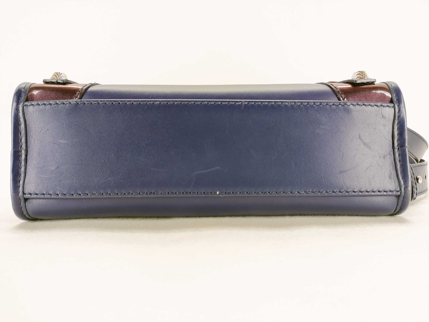 BALENCIAGA Giant Mini City Handbag in Dark Navy Leather/Patent Leather Includes dust bag and shoulder strap.