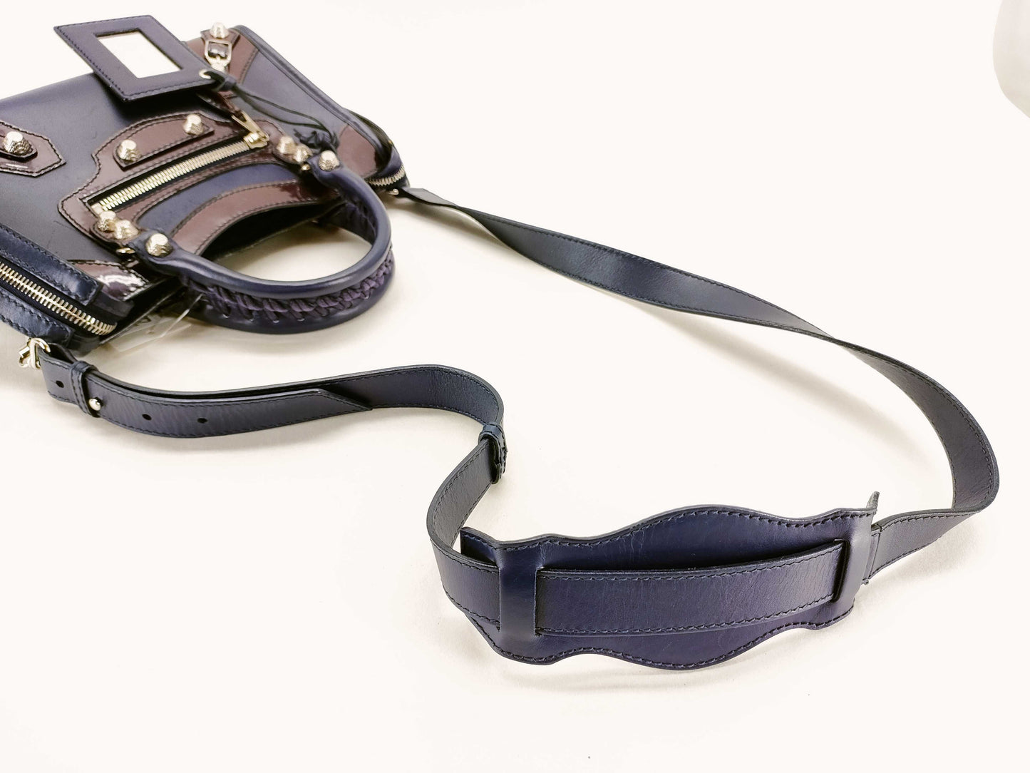 BALENCIAGA Giant Mini City Handbag in Dark Navy Leather/Patent Leather Includes dust bag and shoulder strap.