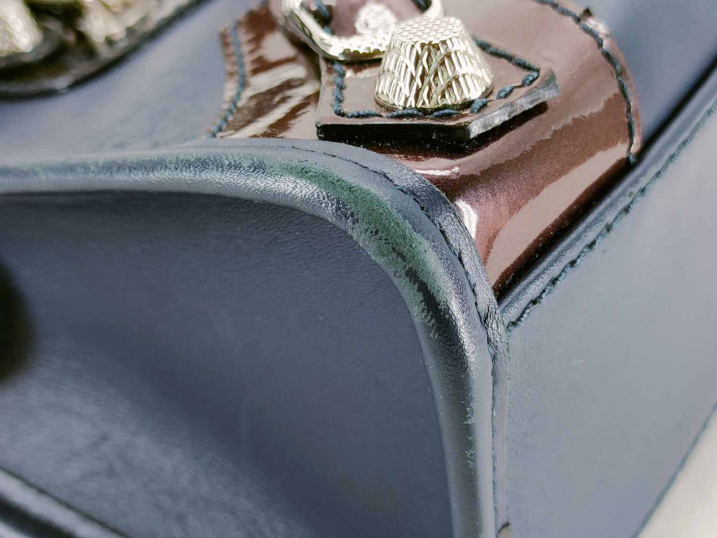 BALENCIAGA Giant Mini City Handbag in Dark Navy Leather/Patent Leather Includes dust bag and shoulder strap.