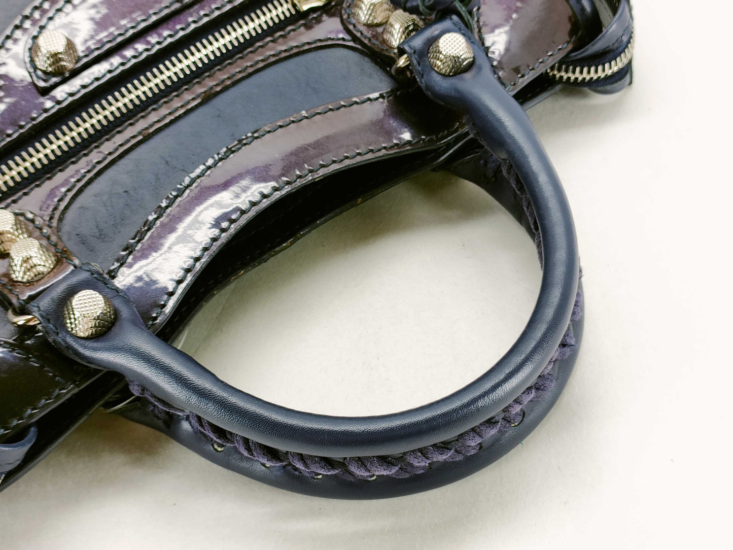 BALENCIAGA Giant Mini City Handbag in Dark Navy Leather/Patent Leather Includes dust bag and shoulder strap.
