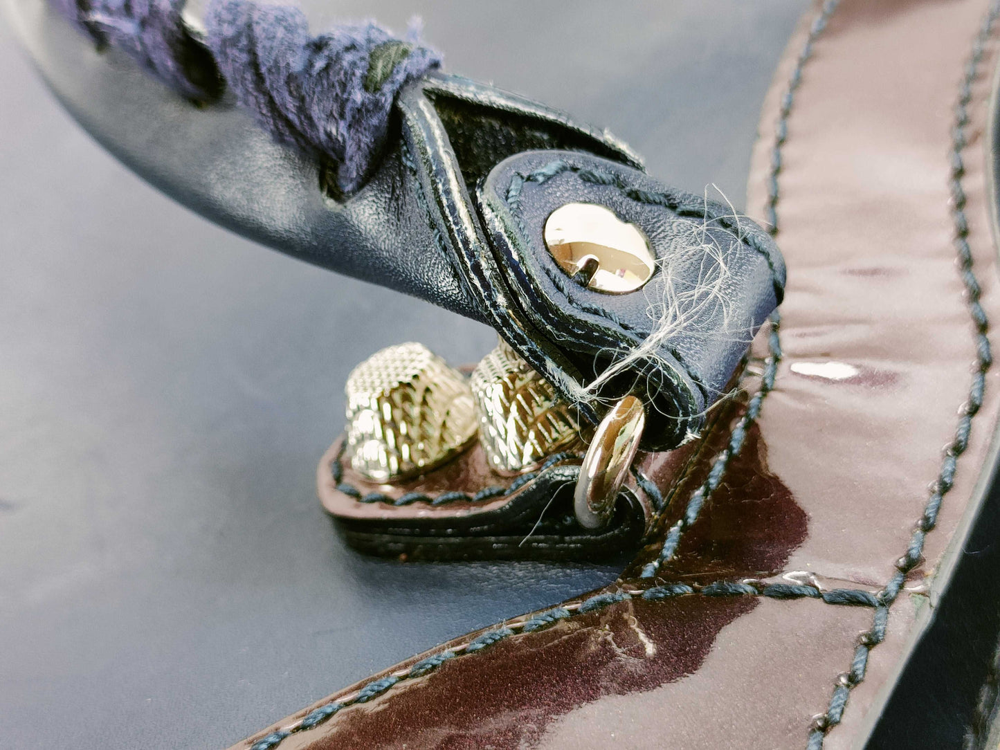 BALENCIAGA Giant Mini City Handbag in Dark Navy Leather/Patent Leather Includes dust bag and shoulder strap.