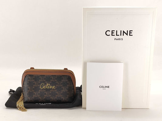 CELINE Chain Clutch Bag with Triomphe Logo in PVC, Brown, 10E382CCH.04LU, Shoulder Bag