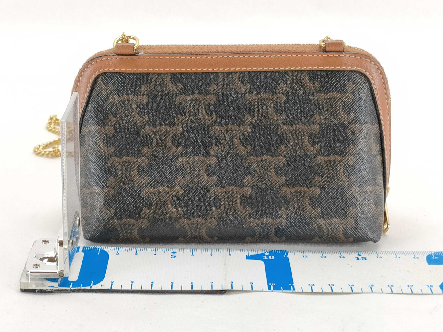 CELINE Chain Clutch Bag with Triomphe Logo in PVC, Brown, 10E382CCH.04LU, Shoulder Bag