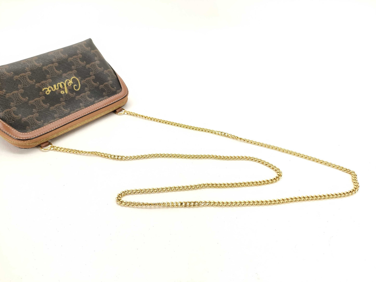 CELINE Chain Clutch Bag with Triomphe Logo in PVC, Brown, 10E382CCH.04LU, Shoulder Bag