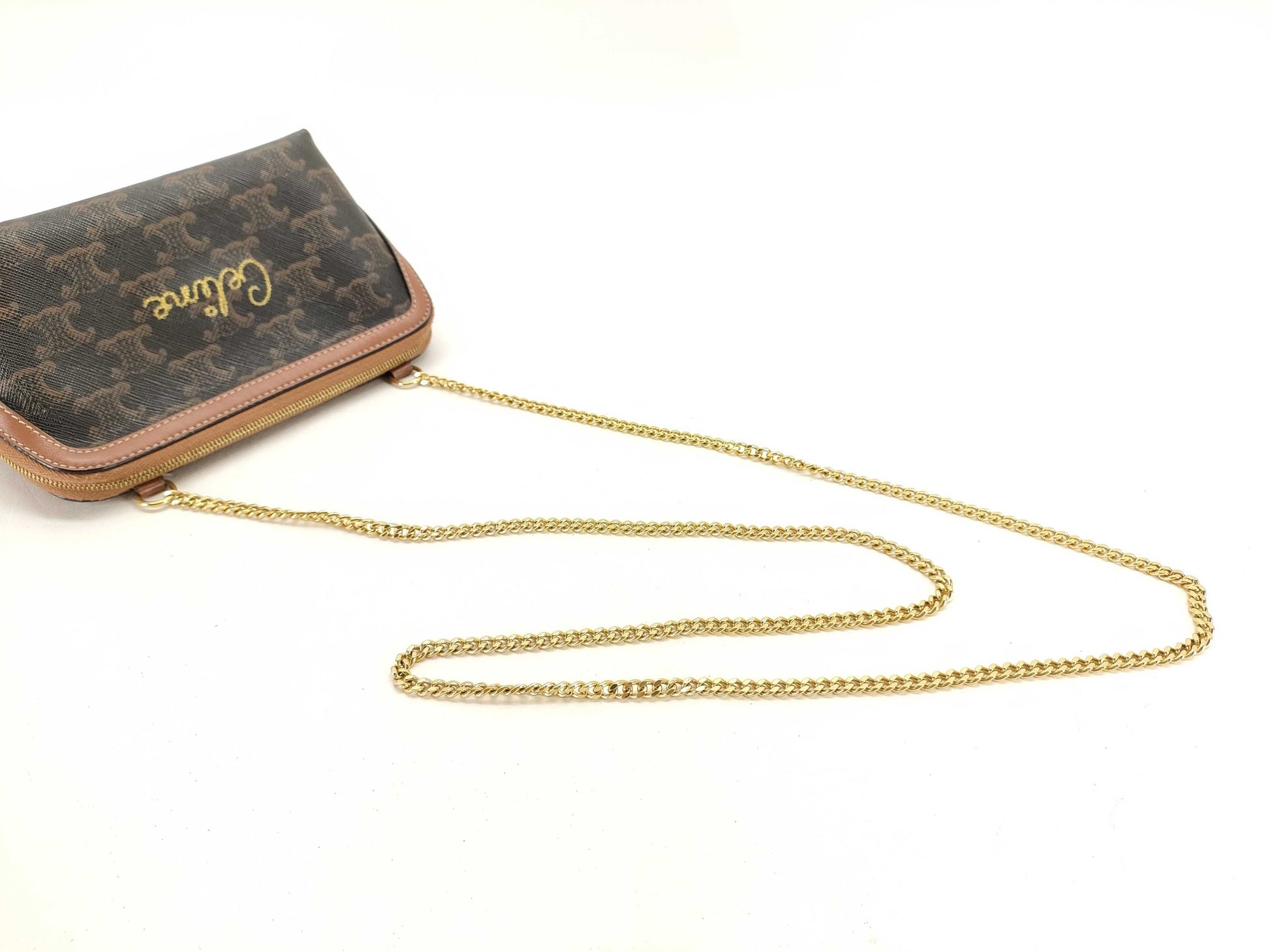 CELINE Chain Clutch Bag with Triomphe Logo in PVC, Brown, 10E382CCH.04LU, Shoulder Bag