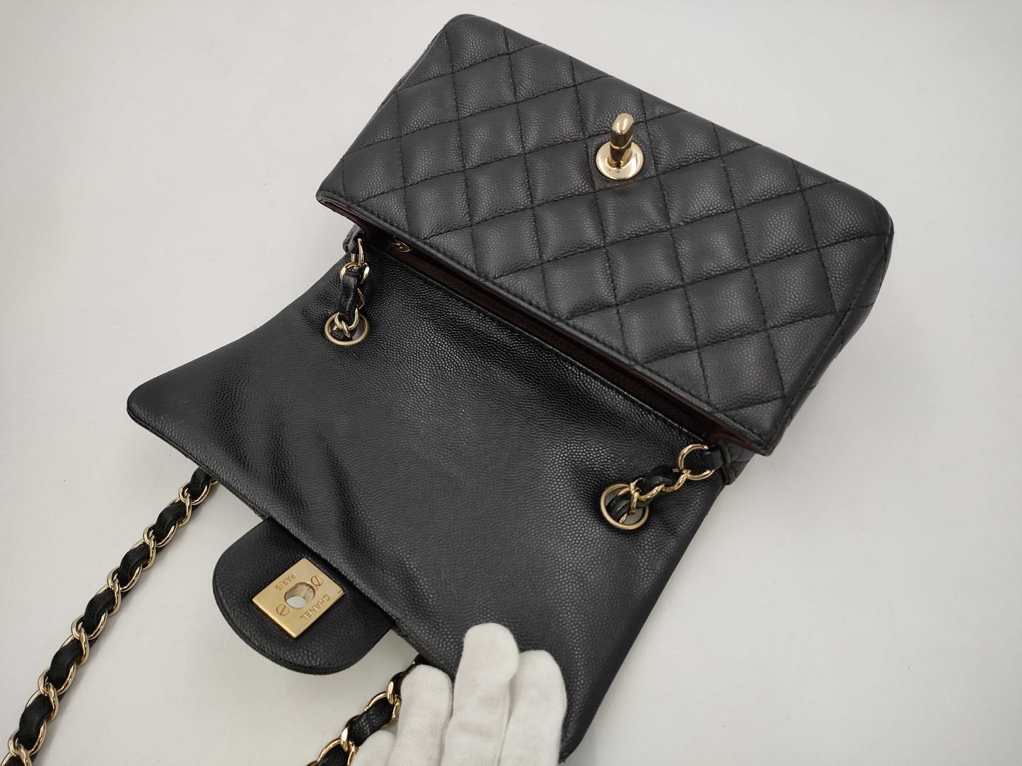 CHANEL Mini Matelasse Caviar Leather Chain Shoulder Bag, Black, No. 24