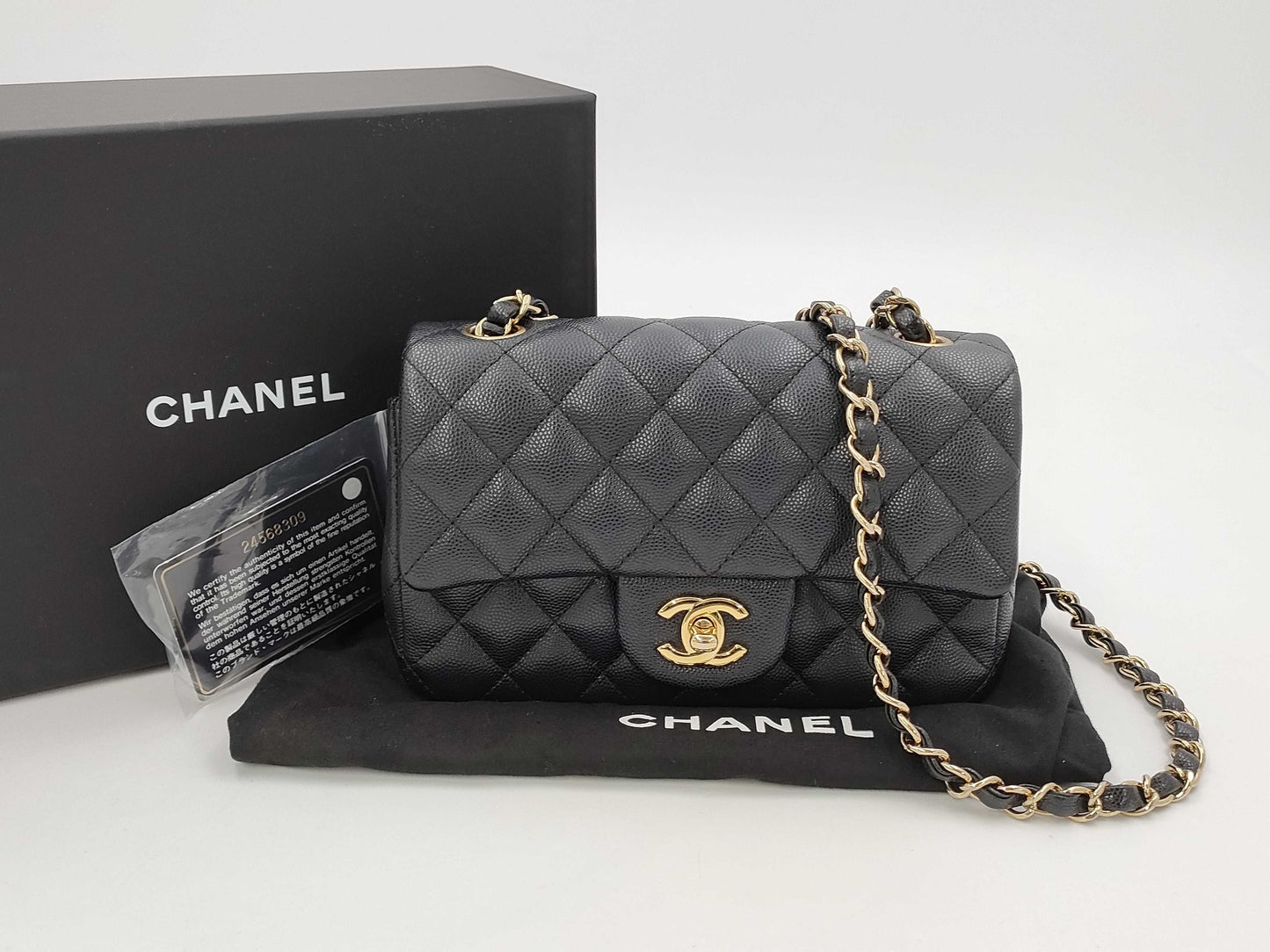 CHANEL Mini Matelasse Caviar Leather Chain Shoulder Bag, Black, No. 24
