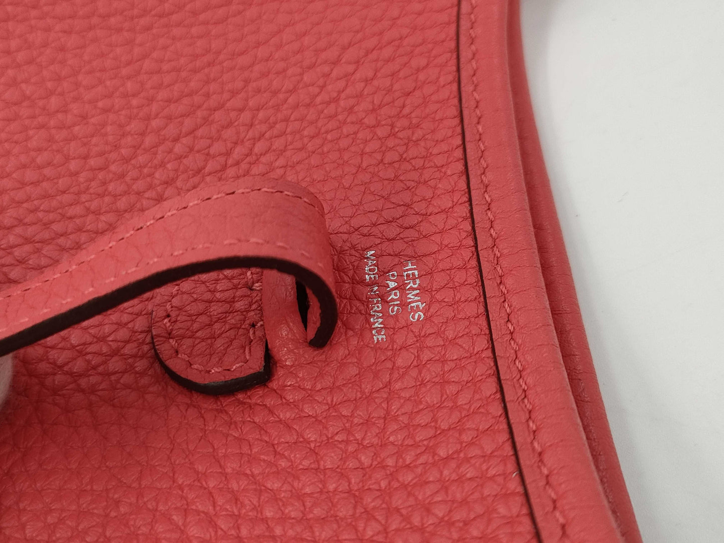 HERMES Evelyn TPM Taurillon Clemence Leather Shoulder Bag in Rose Pivoine/Rose Sakura with Silver Hardware and T Stamp