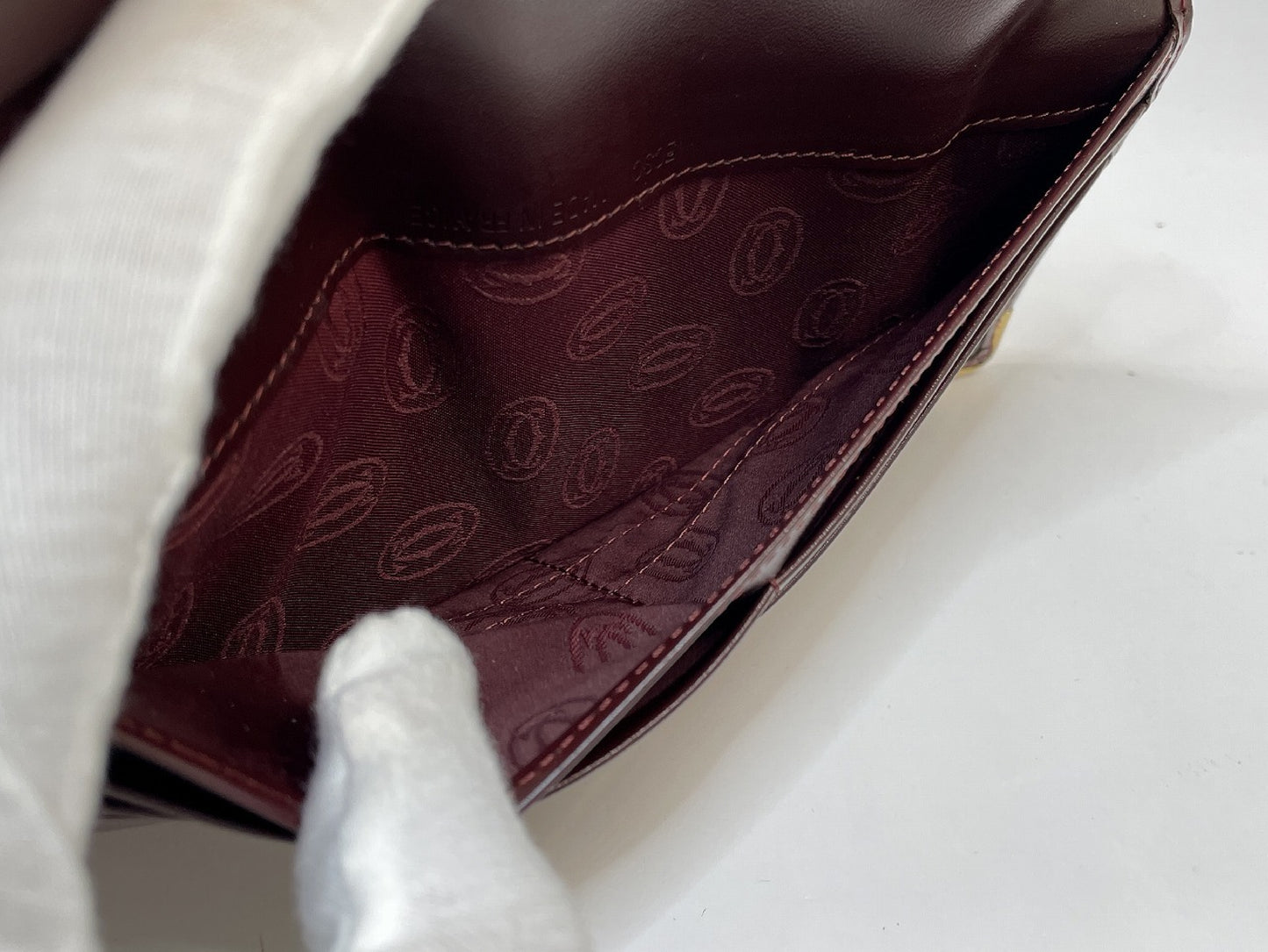 (10461_0064) Cartier Unused Cartier Mastline Genuine Leather Bi-Fold Long Wallet Bordeaux Gold Fittings Coin Purse Wallet