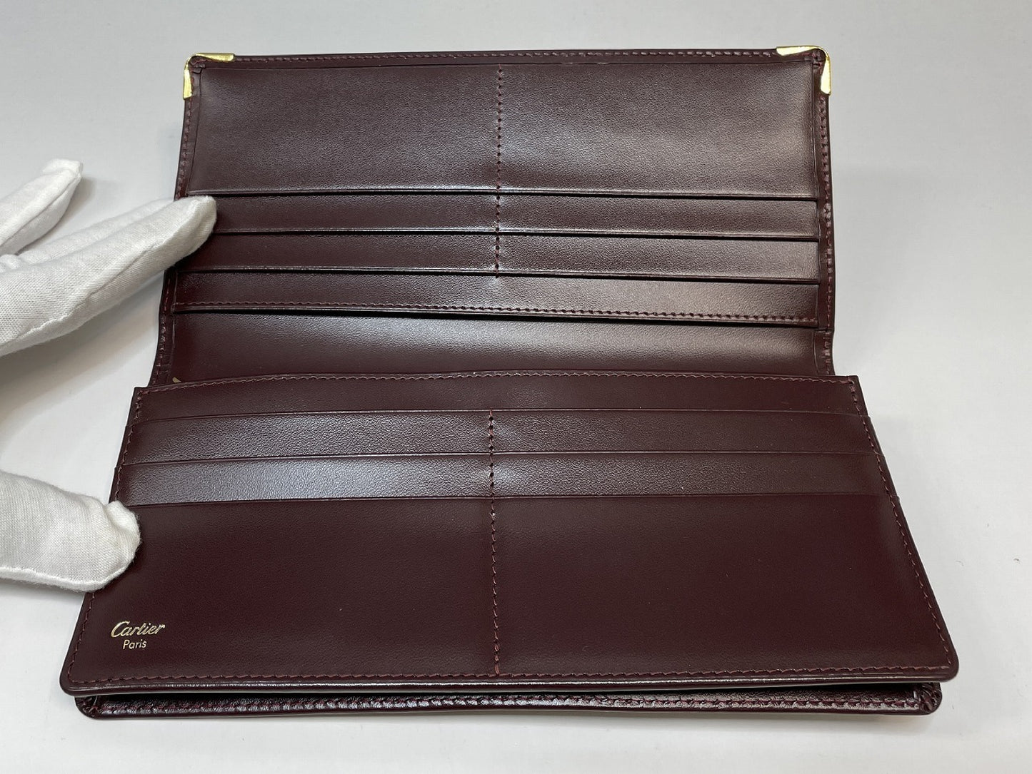 (10461_0064) Cartier Unused Cartier Mastline Genuine Leather Bi-Fold Long Wallet Bordeaux Gold Fittings Coin Purse Wallet