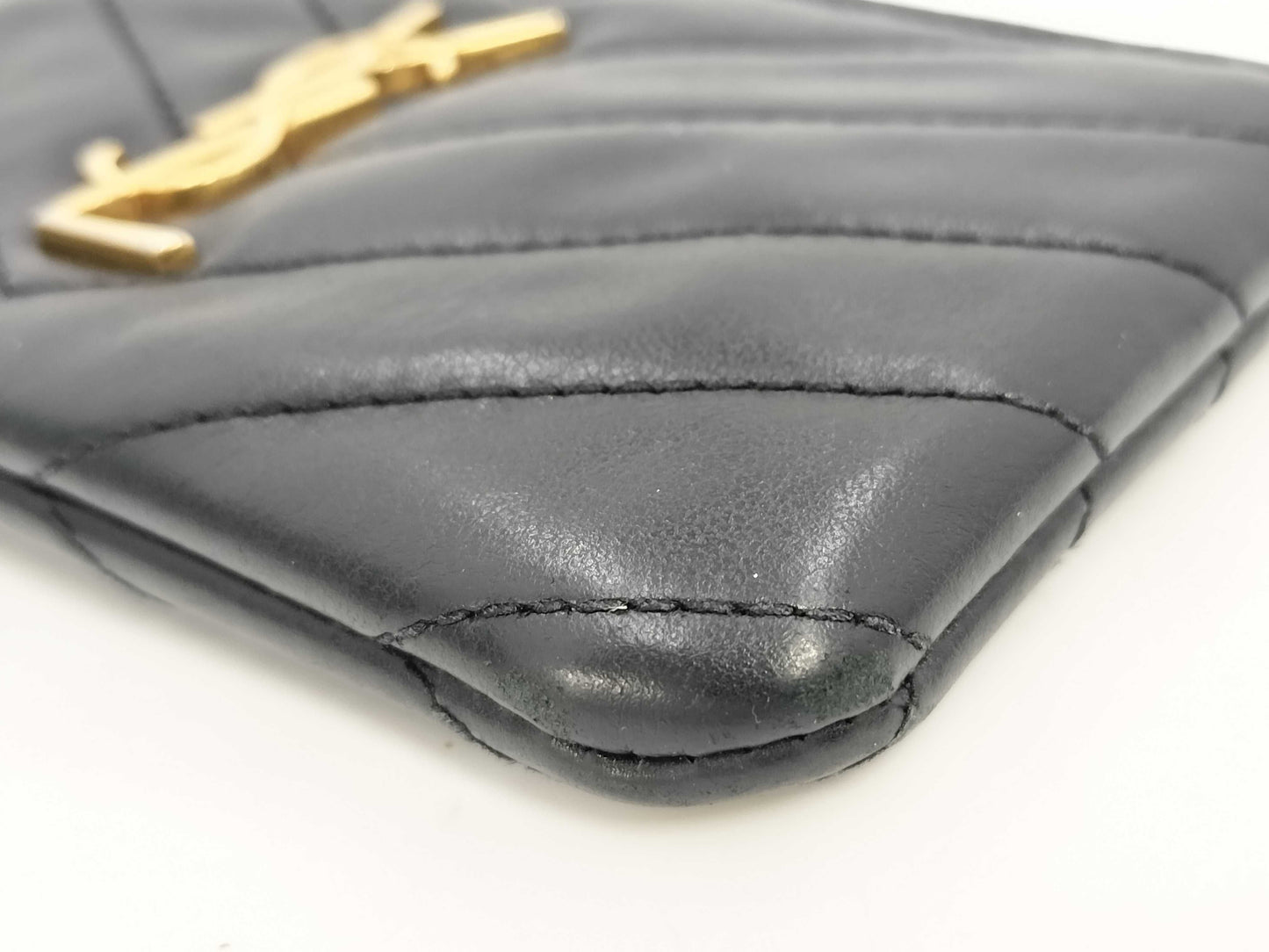 (10461_0051) Yves Saint Laurent Monogram V-Stitch Keyring Coin Case Leather Black 438386 Coin Case