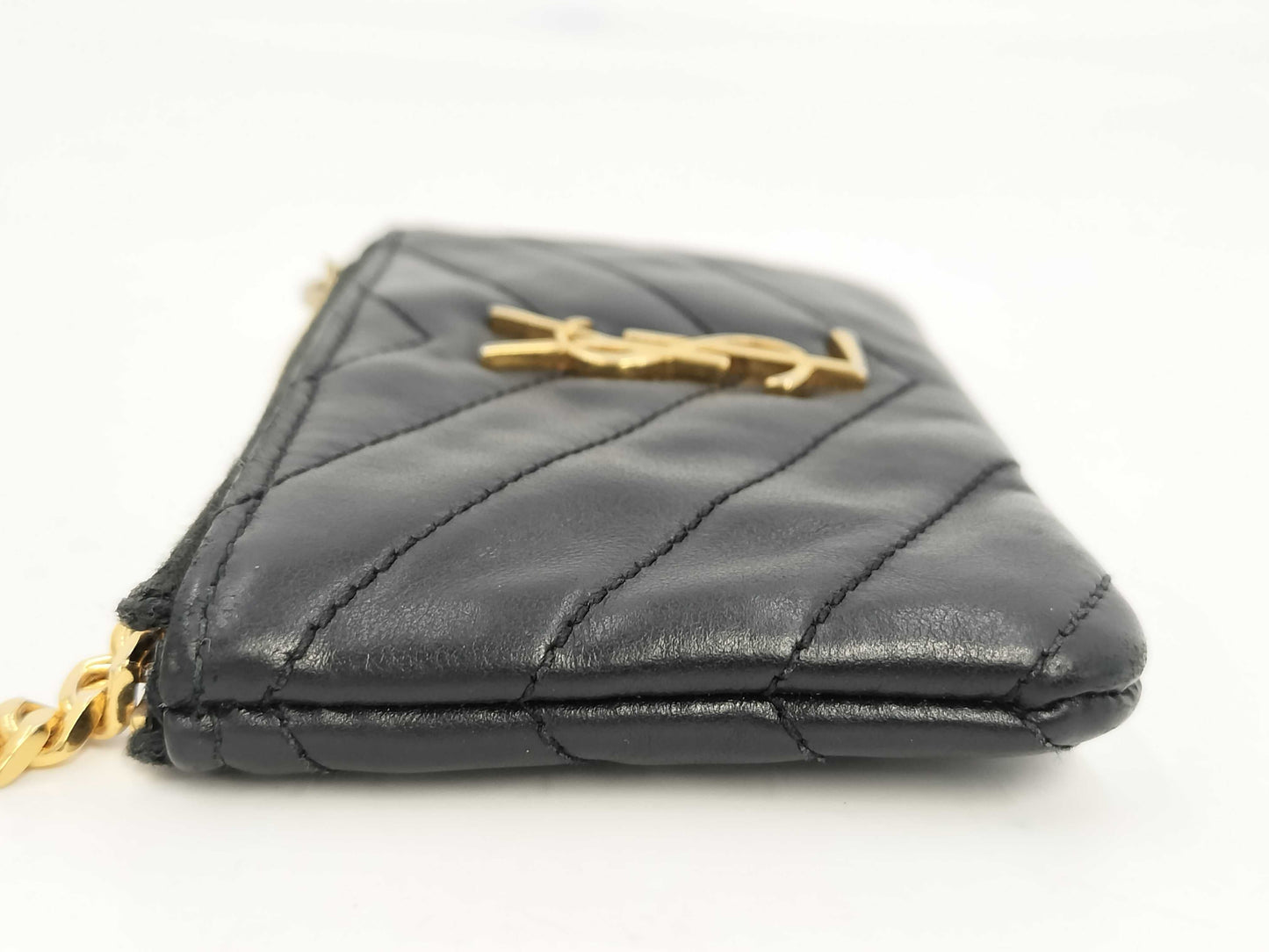 (10461_0051) Yves Saint Laurent Monogram V-Stitch Keyring Coin Case Leather Black 438386 Coin Case