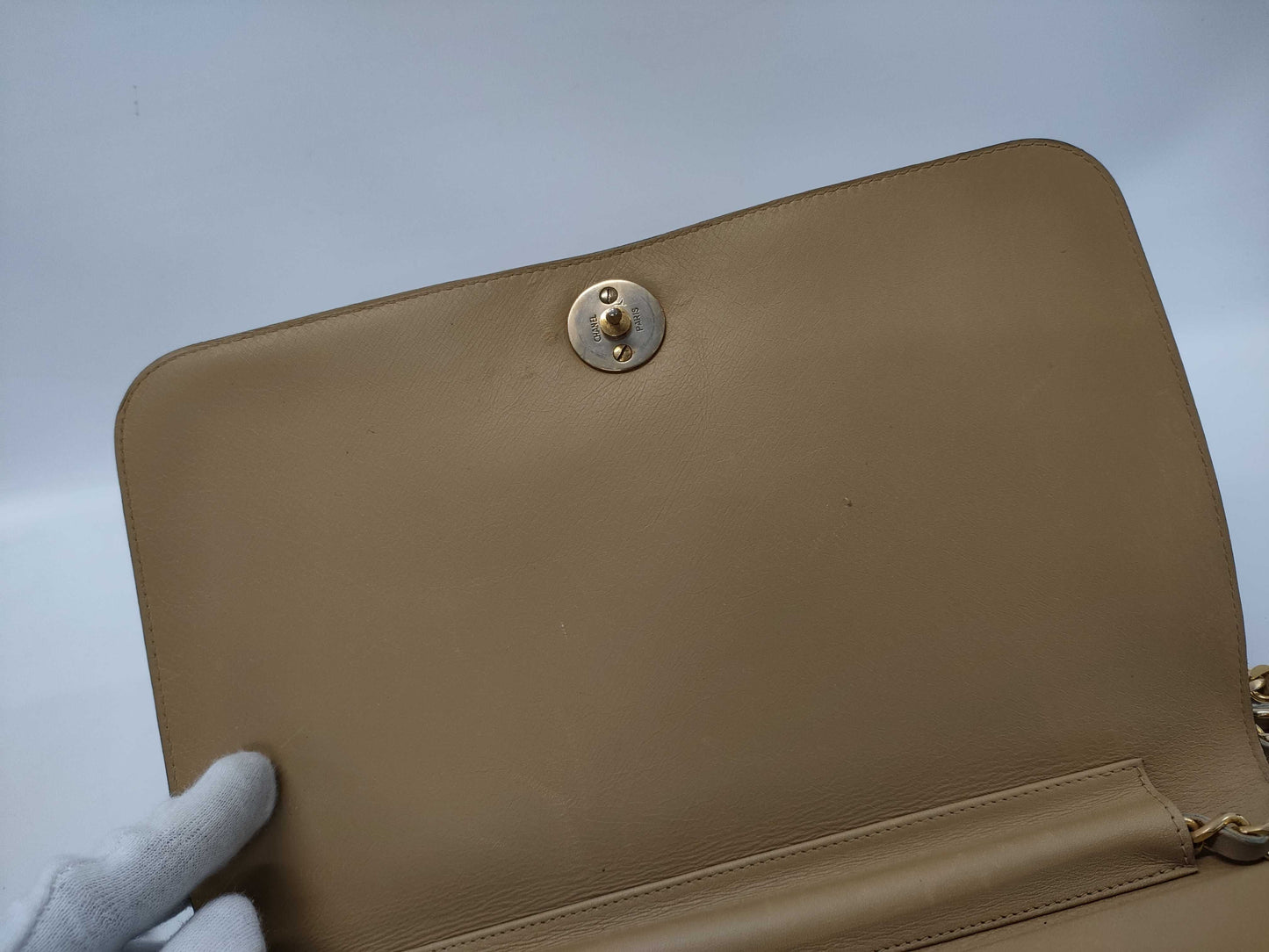 CHANEL Calfskin Chain Shoulder Bag Beige Bag