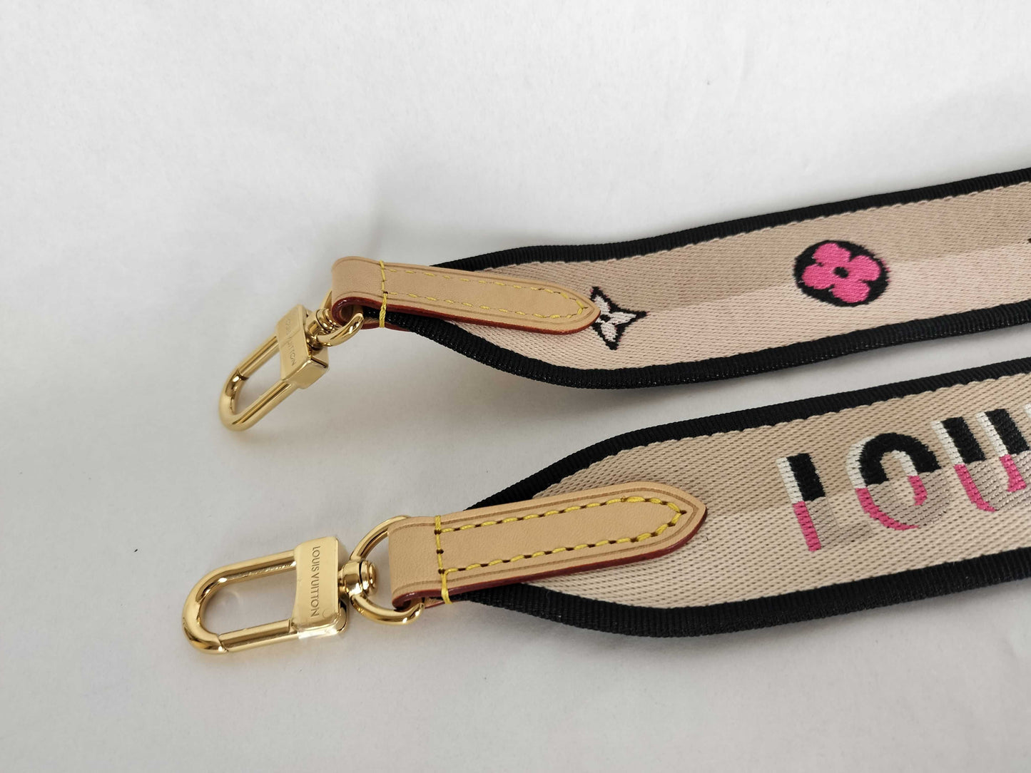 LOUIS VUITTON Signature Strap, Beige/Black/Pink, Signature Canvas with Gold Hardware