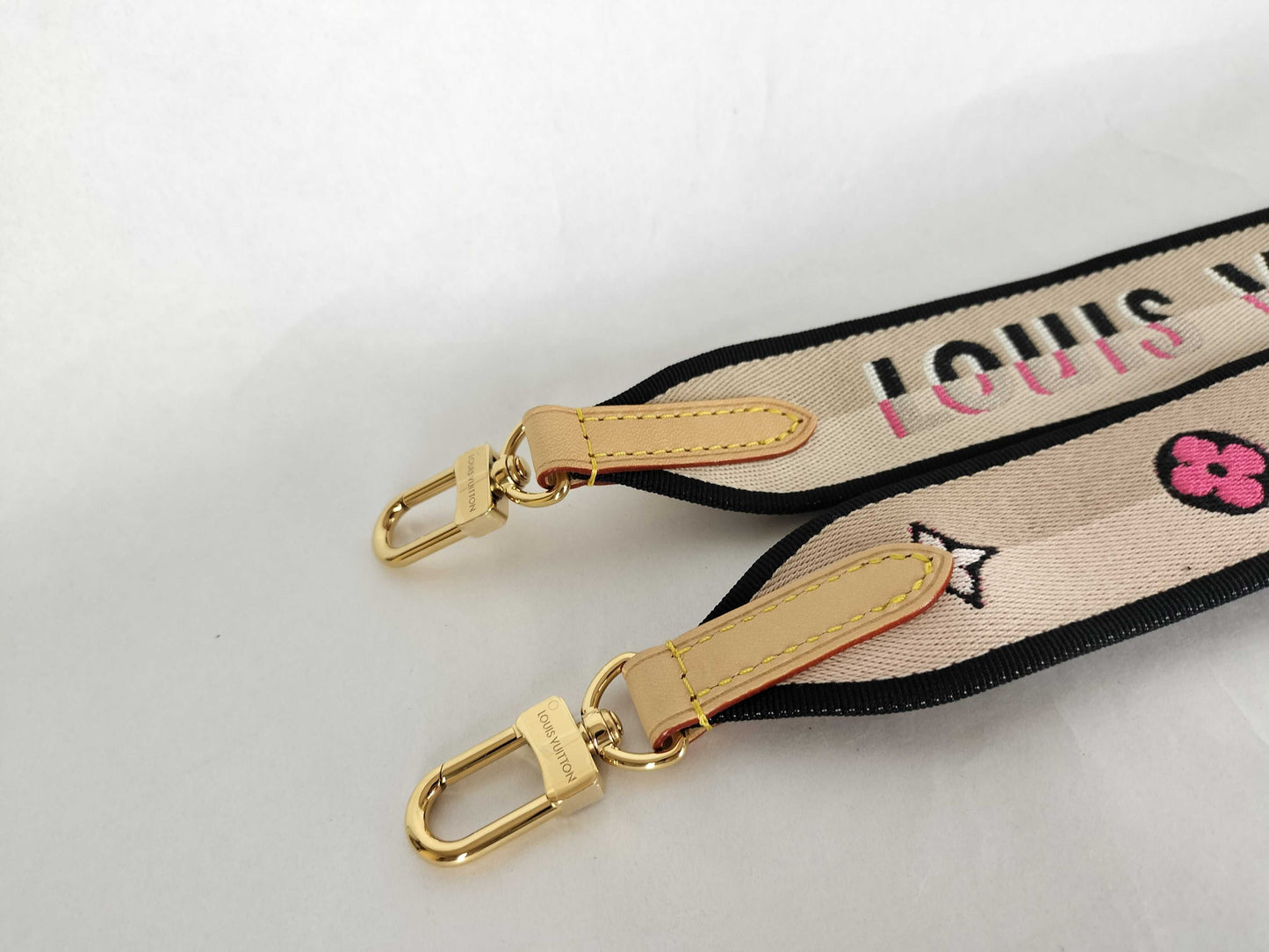 LOUIS VUITTON Signature Strap, Beige/Black/Pink, Signature Canvas with Gold Hardware