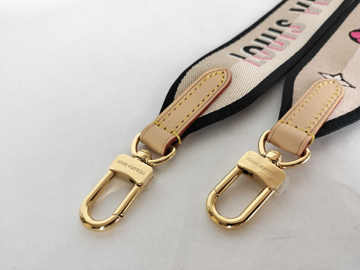 LOUIS VUITTON Signature Strap, Beige/Black/Pink, Signature Canvas with Gold Hardware