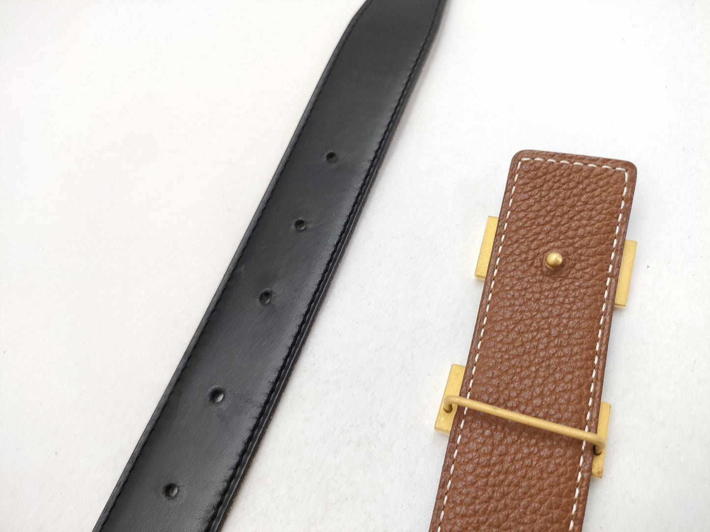 HERMES Constance Leather Belt with H Stamp, Black and Brown