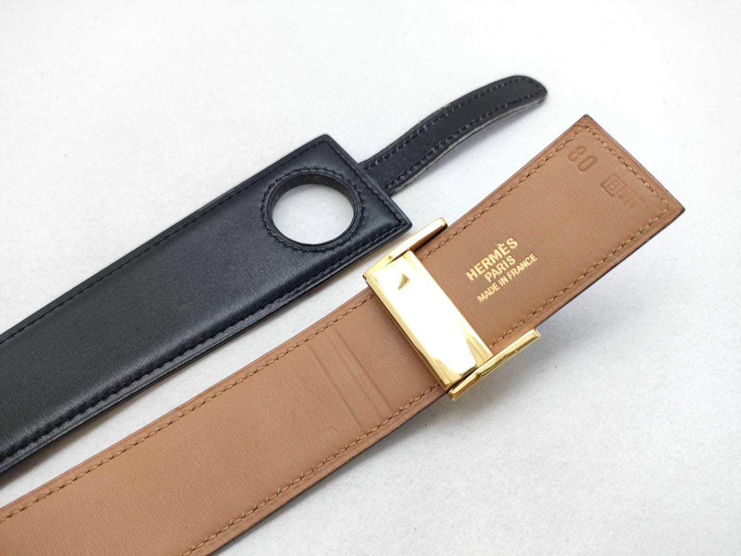 HERMES Serie Leather Belt, □B Stamp, Black x Brown