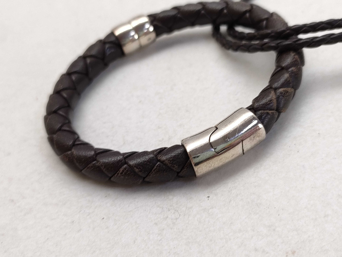BOTTEGA VENETA Intrecciato Leather and SV925 Bracelet in Dark Brown