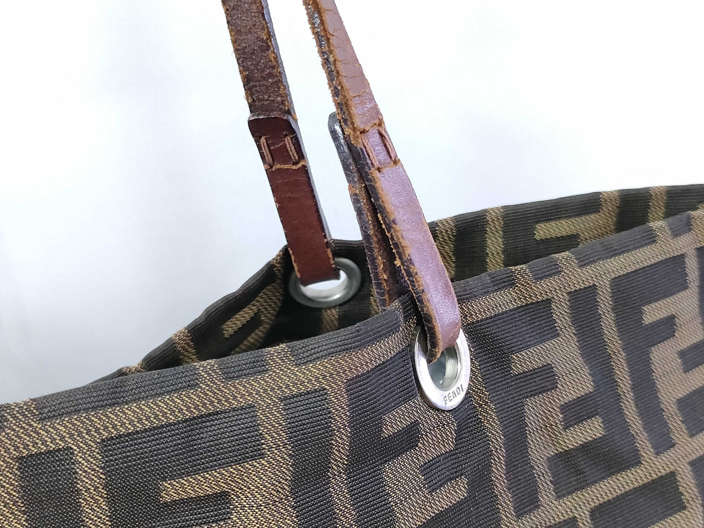 FENDI Zucca nylon canvas and leather tote bag 83158781992 Brown and khaki