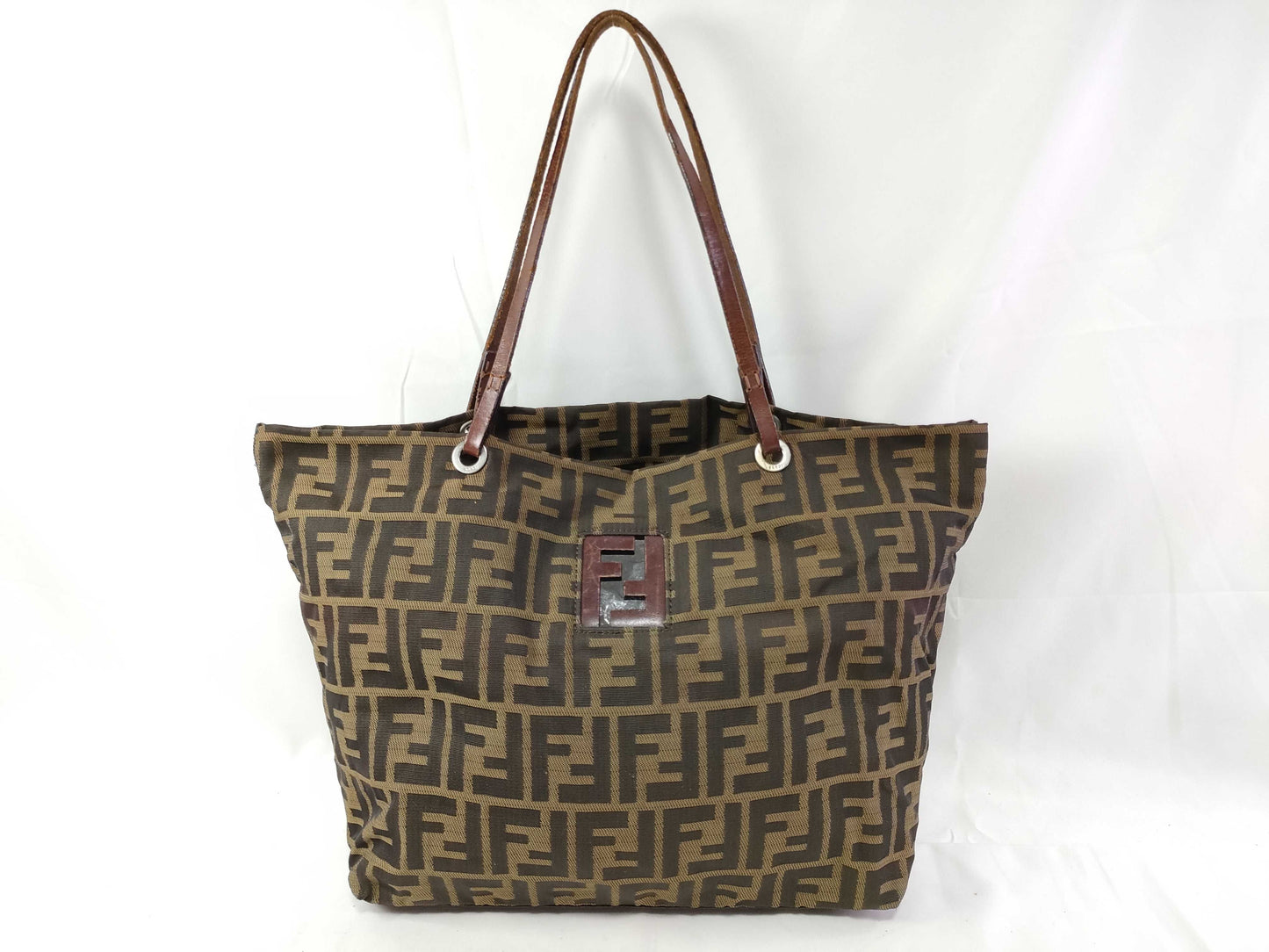 FENDI Zucca nylon canvas and leather tote bag 83158781992 Brown and khaki