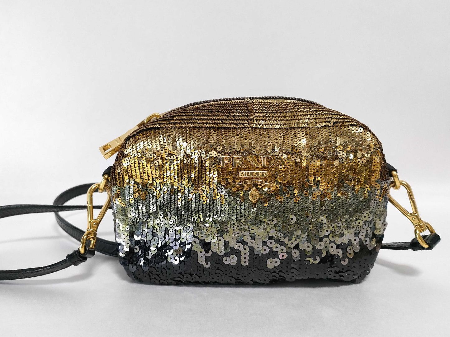 PRADA Prada Sequin and Leather Shoulder Bag, Black and Gold
