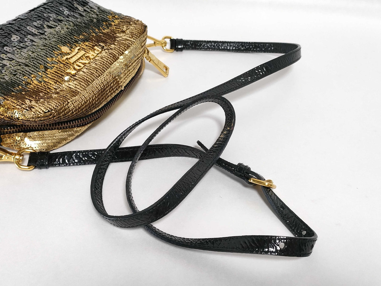 PRADA Prada Sequin and Leather Shoulder Bag, Black and Gold