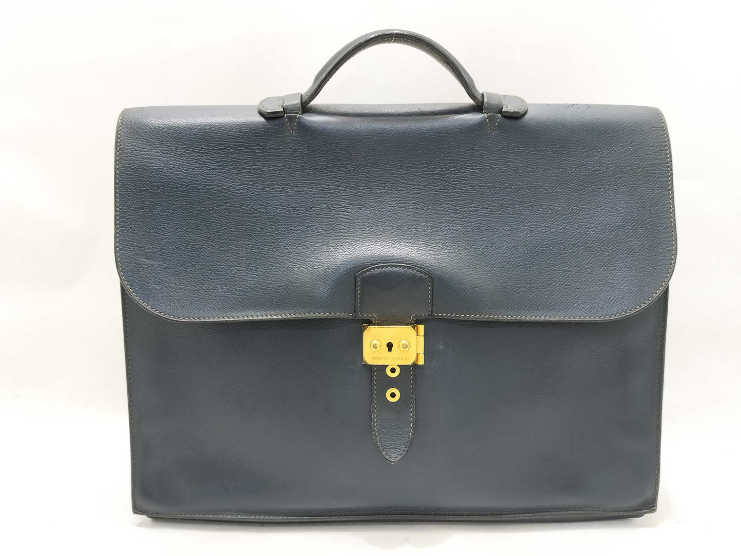HERMES Sac A Depeche 38 Leather Briefcase, Navy Blue, C Stamped