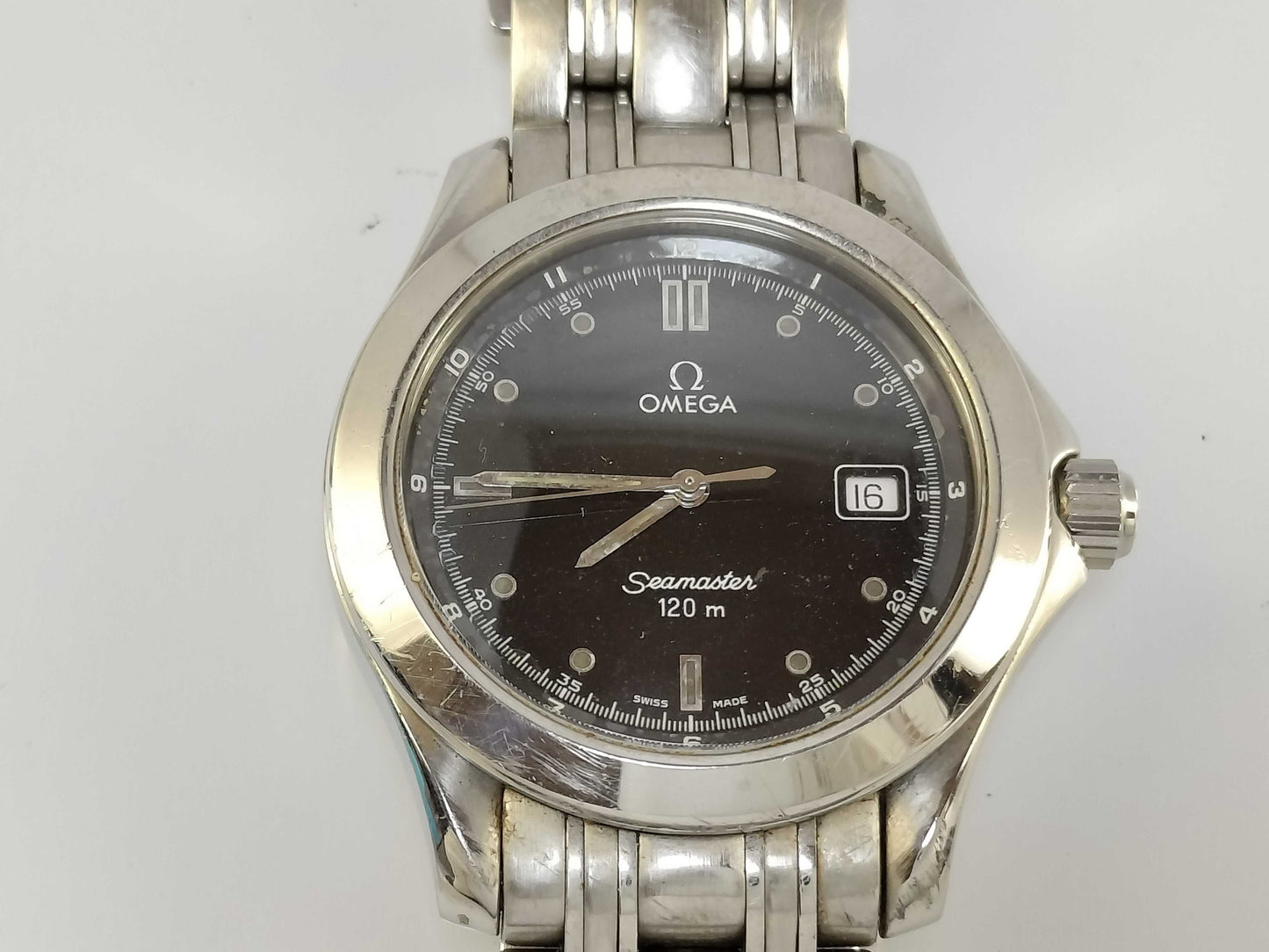 OMEGA SS/QZ Black Dial Men's Watch, Not Working/No Operational Guarantee