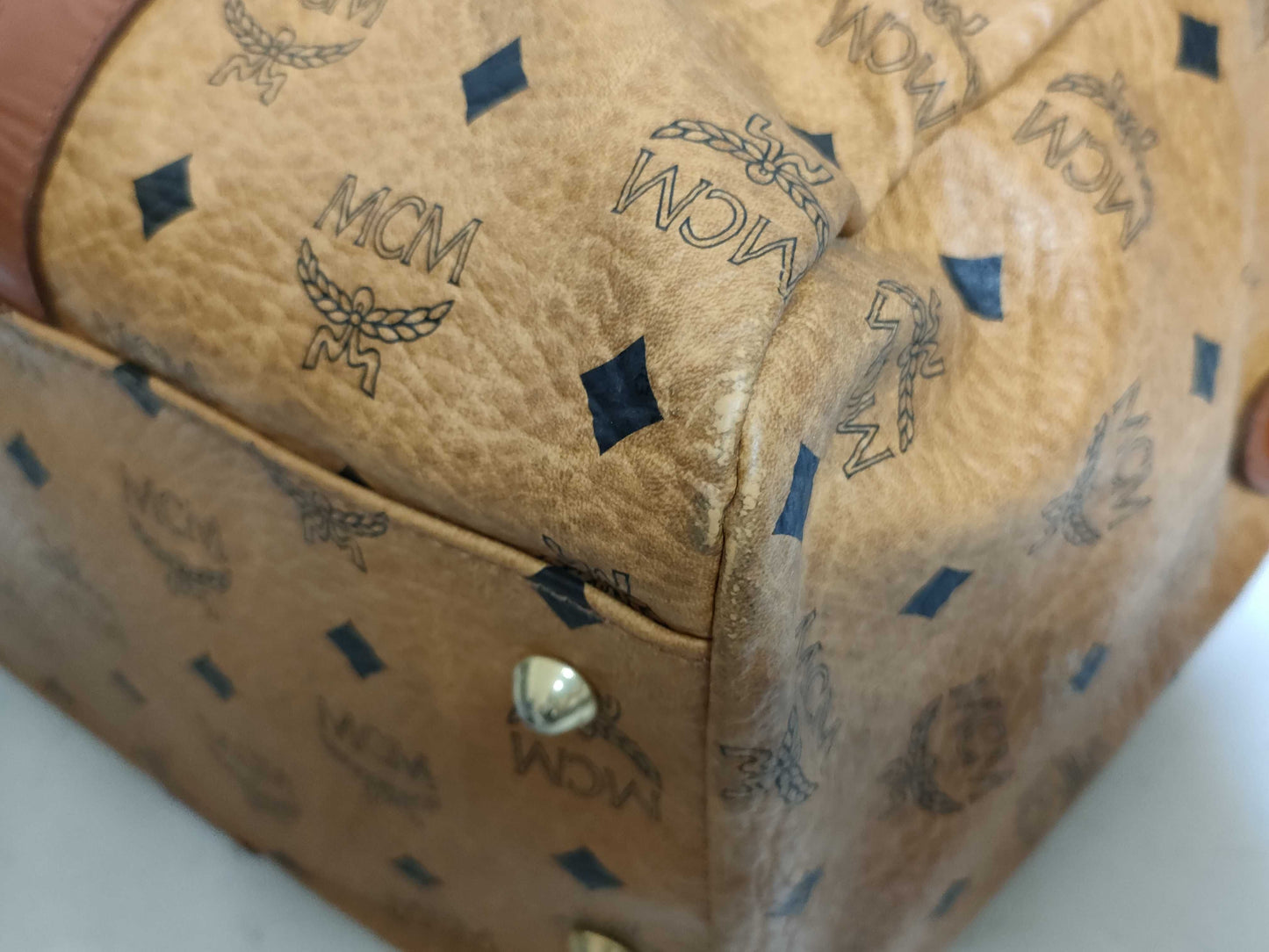 MCM Visetos Leather Boston Bag, Brown