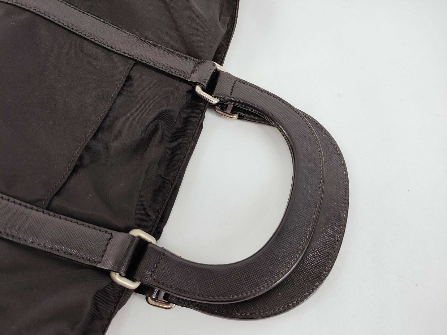 PRADA Nylon Tote Bag with Triangle Plate and Shoulder Strap, Saffiano Black